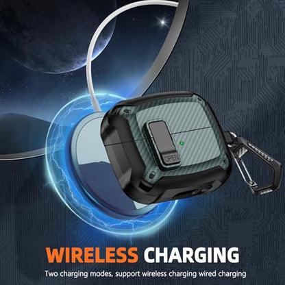 Safety Lock Case for Samsung Galaxy Buds3 FE/Pro/3 (Green) | Carbon fibre texture Design,with Cleaning Kit & Keychain,Mecha Protective Case - color: A-green