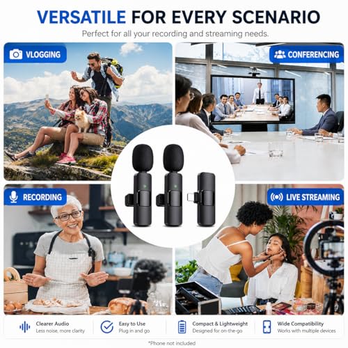 Sahara - Dual Wireless Lavalier Microphone Set, 2 Clip-On Mics, Noise Reduction, Plug & Play Auto Pairing, USB-C Receiver, Lightning & USB-A Adapters for Recording & Streaming