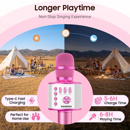 BONAOK Wireless Bluetooth Karaoke Microphone,3-in-1 Portable Handheld Karaoke Mic Speaker Machine Home Party Birthday for All Smartphones PC（Light Pink） - color: Light Pink