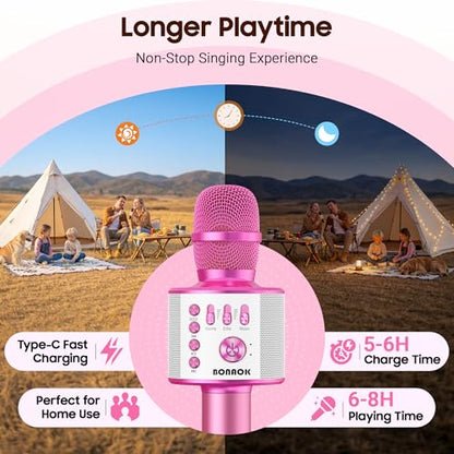 BONAOK Wireless Bluetooth Karaoke Microphone,3-in-1 Portable Handheld Karaoke Mic Speaker Machine Home Party Birthday for All Smartphones PC（Light Pink） - color: Light Pink