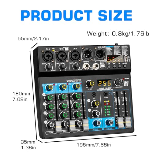 Depusheng Professional Audio Mixer Digital FX 256-Bit DSP USB Bluetooth MP3 Computer DJ Mixer 5 Channel input Interface with 48V Phantom Power for PC recording Live Streaming, Podcasting, Karaok