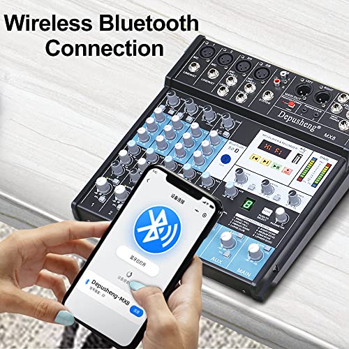 Professional Audio Mixer Sound Board Console 8-Channel DJ Controller Sound Mixer w/ 8-DSP EFFECT, USB Recording Interface, Bluetooth, 48V Phantom Power, Ideal For Live Streaming Depusheng MX8