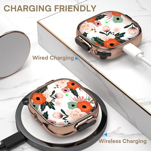 for AirPods 4 Case with Safety Lock, Magsafe Compatible, Red Flower | Double Secure Lock,Drop Protection,Two-Piece Design,with Gold Keychain, Anti Lost, Dustproof, Cute AirPod 4 Case - color: Pink + Red, size: AirPods 4 Case