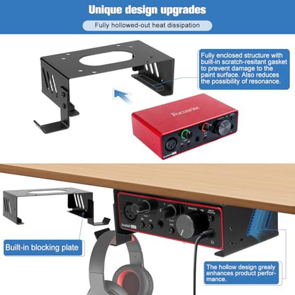 Under Desk Mount and Wall Mount for Focusrite Scarlett Solo 3rd/4th Gen | Metal Under Desk Mount for Audio Interfaces and Studio Gear with Adjustable Headphone Hanger Stand (Black）