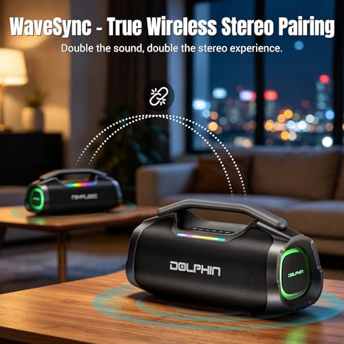 TWS Portable Bluetooth Speaker, 55W Bass, IP67 Waterproof for Outdoor Party | Mic input for karaoke, ABS rugged for pool, garage, trail, Loud Deep Bass 2600mAh plays 6H for Travel, House, Beach, Camping