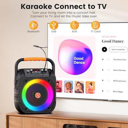 Karaoke Machine for Adults, Portable Bluetooth Karaoke Speaker with 2 Wireless Microphones, Echo Adjustment, LED Lights, PA System with 6.5" Subwoofer, Support TV/AUX/USB/TF Card (Black) - color: Jet Black