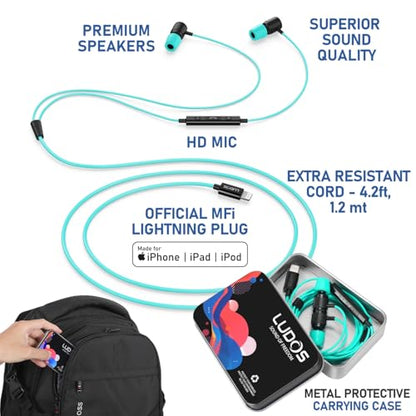 LUDOS Ultra iPhone Wired Headphones Earbuds Earphones with Lightning Connector Apple MFi Certified, 5 Years Warranty, for iPhone 14 13 12 11 Pro Max X XS XR 8 7 Plus with Microphone - Turquoise - color: Turquoise, style: Lightning