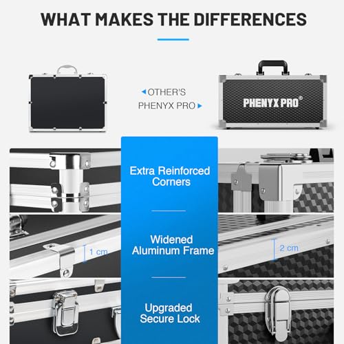 Phenyx Pro Carrying Case with Customizable Pre-Diced Foam Foam PCSE-L | Aluminum Alloy Sturdy Build, 2-layer Form, Protective Gear Storage, Wireless Mic Systems, Camera Gear, Equipment Transport - size: Large (20.3×10×5.9 Inch)