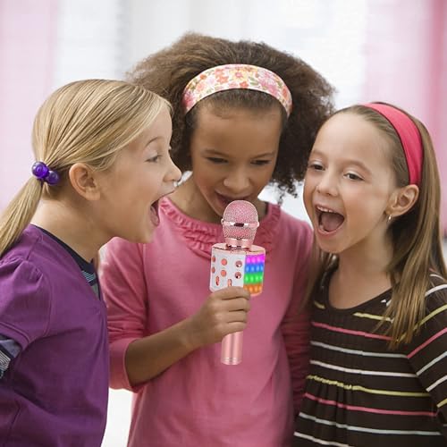 Bluetooth Karaoke Microphone Wireless: Karaoke Mic with Led Lights for Adults Kids Singing - Perfect Toys for Girls Birthday Gifts - color: 02-Champagne With Light