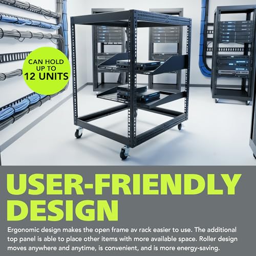 Pearington 12U Open Frame Server Rack, 23''-40'' Adjustable Depth, Free Standing or Wall Mount, 4 Post AV Rack with Casters, Holds Networking IT Equipment AV Gear Router Modem - size: 12U Open Frame