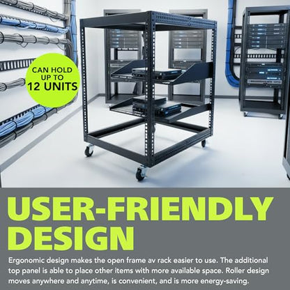 Pearington 12U Open Frame Server Rack, 23''-40'' Adjustable Depth, Free Standing or Wall Mount, 4 Post AV Rack with Casters, Holds Networking IT Equipment AV Gear Router Modem - size: 12U Open Frame