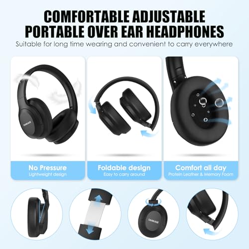Active Noise Cancelling Headphones, Over-Ear Headphones Black | Wireless Blutooth Headphones with100H Playtime, Built-in Microphone, Lightweight & Foldable, Deep Bass for Work/Gym/Travel - color: Black