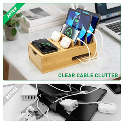 Bamboo Charging Station Organizer with Drawer & Tray, 5-Port USB Charger & 6 Cables, Magnetic Multi-Device Dock for Phones, Tablets, Smartwatches, Kindle, Home & Office
