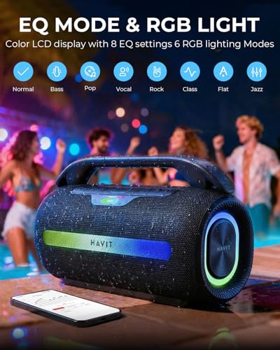 havit Outdoor Bluetooth Speaker, 120W Peak Loud Speakers with Deep Bass, Portable Wireless Speaker IPX6 Waterproof, RGB Light, 12H Playtime, TWS Stereo, EQ, for Party, Beach, Camping, Backyard, Garage