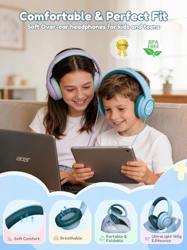 Acer OHW328 Kids Headphones Wired for School - Over Ear Design | 85/94dB Safe Volume, 3.5mm Jack Foldable Headphones for Kids Boys Girls Classroom Yoto Player Chromebook Travel Green - color: Green