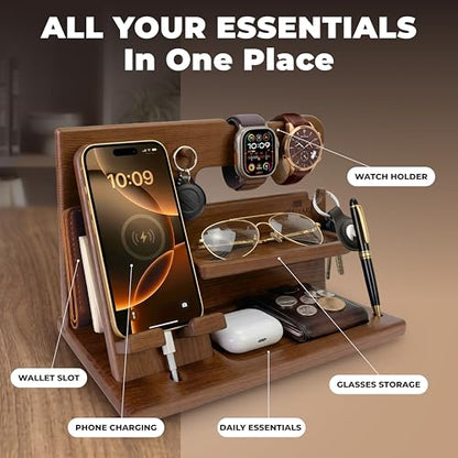 TESLYAR Wood Phone Docking Station for Men - Desk or Nightstand Organizer - Birthday Gifts for Husband or Dad - Anniversary Idea from Wife - Key Holder, Stand Wallet, Watch & Essentials (Earth Beige) | Mens Bedside Organiser with Key Holder, Wallet & Watc