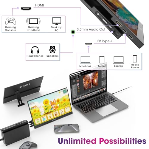 Kado Portable Monitor 15.6-inch FHD 1080p Rotating Stand IPS Display | 45W Reverse Charging Ultra-Slim Laptop Monitor 1920x1080 with Built-in Speakers for PC, Mac, Phone, Xbox, PS5, USB-C & HDMI - size: Pivot Stand