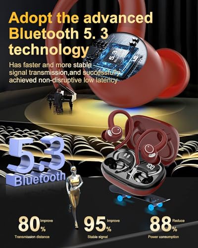 Wireless Earbuds, Bluetooth 5.4 Headphones Sport Over Ear Buds With ENC Mic | Noise Cancelling,48H, Wireless Earphone With Earhooks, Stereo Deep Bass, IP7 Waterproof ear bud for Workout Running,Light Red - color: Red
