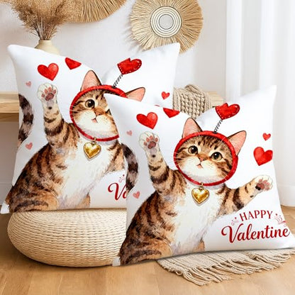 Cat Throw Pillow Covers Set of 2, Playful Fanciful Hearts Red Headband Valentine Red Soft Velvet Washable Cover Decorative Pillows for Living Room Apartment Bed Sofa Decor 28x28 Inch - size: 28" x 28" (Pack of 2)