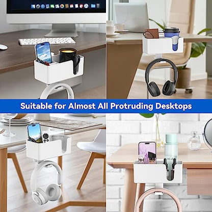 KDD 4-in-1 Desk Organizer - Under Desk Cup Holder and Headphone Hanger with 2 Wire Holes - Rotating Hanger and Detachable Storage for Cup, Phone and Pen (White) - color: White