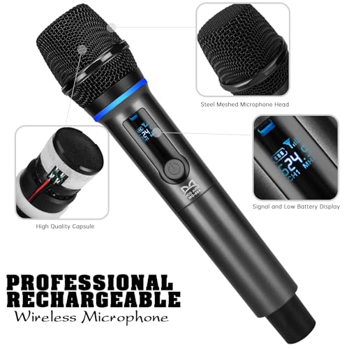 QiCheng&LYS 4 Wireless Microphones with Rechargeable Receiver, 2.4G Cordless Mics with Volume Control, Handheld Dynamic Mic System for Church Singing Karaoke Wedding, 200ft