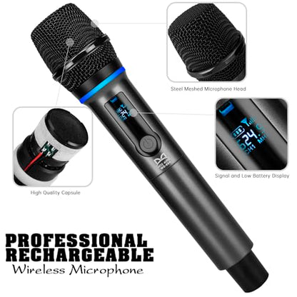 QiCheng&LYS 4 Wireless Microphones with Rechargeable Receiver, 2.4G Cordless Mics with Volume Control, Handheld Dynamic Mic System for Church Singing Karaoke Wedding, 200ft