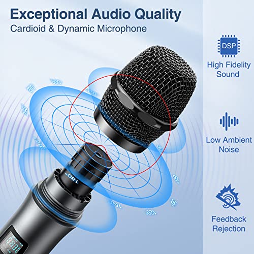 Wireless Karaoke Microphone Kit, Professional UHF Handheld Metal Dynamic Microphones Systems, 200ft Range, Adjustable Channels, Dual Mics Inalambrico for Church Singing DJ Wedding - color: Battery-Powered
