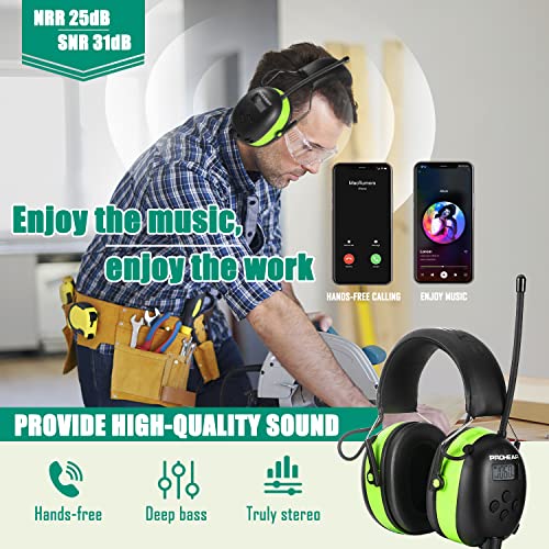 PROHEAR 033 Upgraded 5.4 Bluetooth Hearing Protection AM FM Radio Headphones, Noise Reduction Safety Earmuffs with Rechargeable 1500mAH Battery, 31dB SNR Ear Protector for Mowing Lawn,Gifts for Father - color: Green