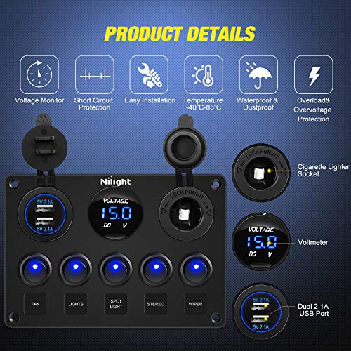 Nilight 5 Gang Multi-Function Rocker Switch Panel On Off SPST Toggle | 12V 12V/20A 24V/10A Dual USB Charger LED Voltmeter Cigarette Lighter for LED Light Bar Rear Rock Lights Trucks RV Boats 4X4 Blue - color: Blue