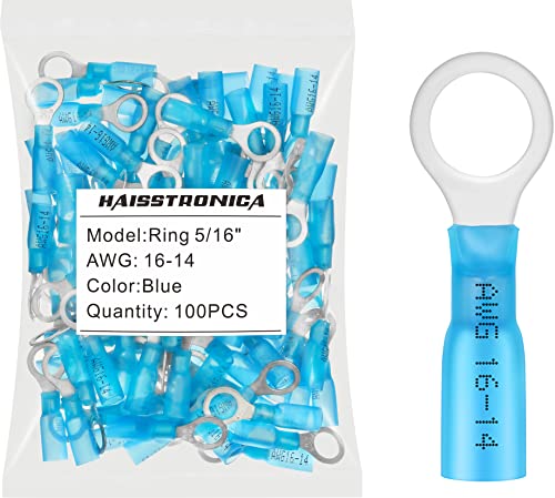 haisstronica 100PCS Heat Shrink Ring Terminals, 16-14 AWG, 5/16 in, Blue | Battery and Ground Stud Connections, 0.7 mm Copper Barrel, 3:1 Adhesive-Lined Seal, Automotive Wiring Repairs, Ring Connector - color: Blue, size: Ring 5/16"