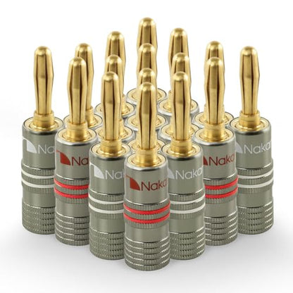 Nakamichi Ultimate Series 24K Gold Plated Beryllium Red Copper Banana Plug 12-18 AWG Gauge Size 4mm Connector for Speakers Wire Amplifiers Hi-Fi Sound Systems (16 Pcs (8-Pairs), Banana Plugs) - size: 16 Pcs (8-Pairs)