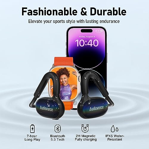 Audiovance OpenComfy CF202 Bluetooth Headphones for Running, Wireless Open Ear Headphones for Sports Gym Workout, Ultra Comfort, Superior Sound, Secure Fit, Ambient Awareness. Black & Blue