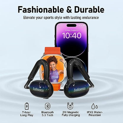 Audiovance OpenComfy CF202 Bluetooth Headphones for Running, Wireless Open Ear Headphones for Sports Gym Workout, Ultra Comfort, Superior Sound, Secure Fit, Ambient Awareness. Black & Blue