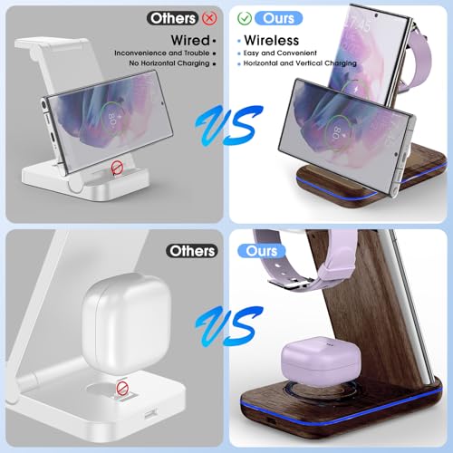 Wireless Charging Station for Samsung/Android, Fast Wireless Watch Charger Station Compatible for Samsung Galaxy S26 Ultra/S25/S24+/Z Flip 7/6 Fold 7/6, Watch8/7/Pro/Active 2 Galaxy Buds3/2 Pro(Wood) - color: Wood