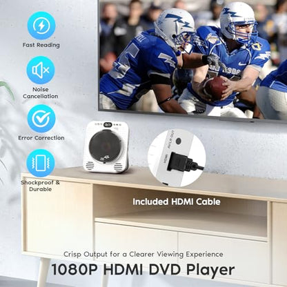 Mini CD DVD Player for TV - Portable Bluetooth CD DVD Player with HDMI & AV Cables, Built-in Speakers, USB/AUX Playback, 1080P Upscaling, Wall-Mountable Compact Desktop Player for Home