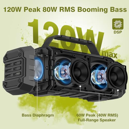 TOMPROAD Bluetooth Speaker 120W Peak 80W Portable Wireless Hi-Fi Loud Outdoor IPX6 Waterproof Big Party Speakers with Deep Bass, TWS Pairing, DSP Sound Boombox for Home Camping Beach - color: Black