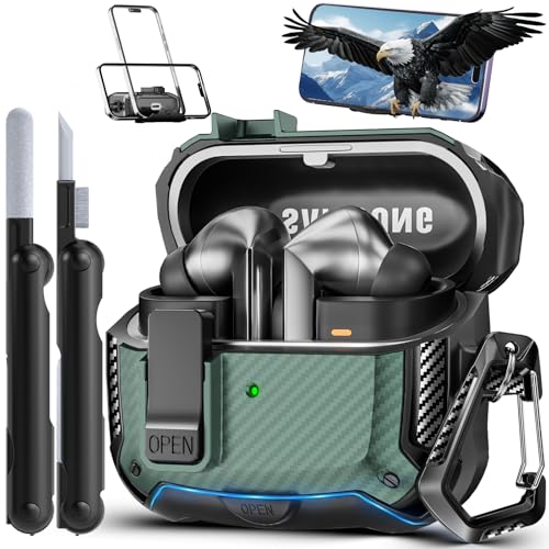 Safety Lock Case for Samsung Galaxy Buds3 FE/3/3 Pro (Green) | with Phone Stand,with Secure Lock Clip & Cleaning kit Full Body Shockproof Carbon Fiber Protection Design - color: C-Green