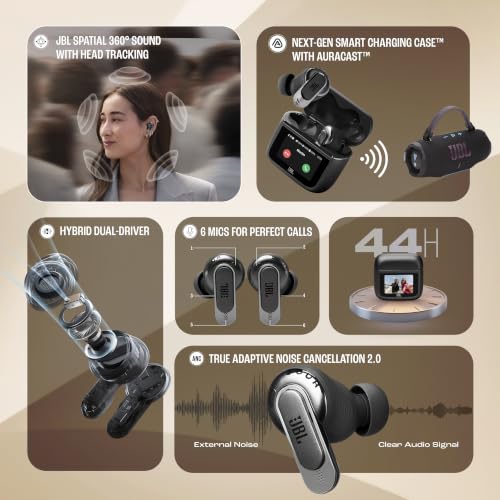 JBL Tour Pro 3 True Wireless Earbuds, Smart Noise Cancelling - Latte | Immersive Spatial Audio With Head Tracking, Dual Drivers, Hi-Res Sound, Bluetooth 5.3, Water Resistant For Travel And Work - color: Latte