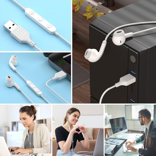 USB Earbuds for PC,Headphones with Microphone for Computer,White - color: White