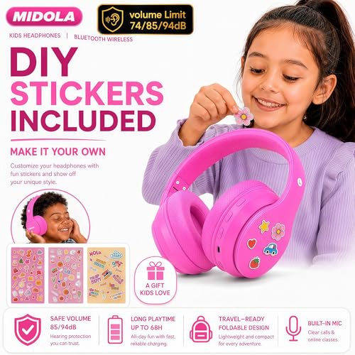 Kids Bluetooth Headphones Wireless 68 Hours,Safe Volume Limit 85/94dB | Adjustable Headband Foldable Over-Ear Lightweight Headsets for Toddler Girls Boys Tablet/iPad,HD Stereo,Built-in Mic,H-Pink - color: Rose Pink
