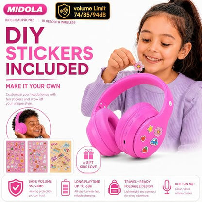 Kids Bluetooth Headphones Wireless 68 Hours,Safe Volume Limit 85/94dB | Adjustable Headband Foldable Over-Ear Lightweight Headsets for Toddler Girls Boys Tablet/iPad,HD Stereo,Built-in Mic,H-Pink - color: Rose Pink