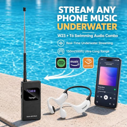 Tayogo Swimming Headphones T6 + W23 Bone Conduction, Under Water Audio System, Spotify Swim Headset, No Need to Download, Waterproof FM Receiving & Bluetooth Open Ear Swim Headset for Training - color: White