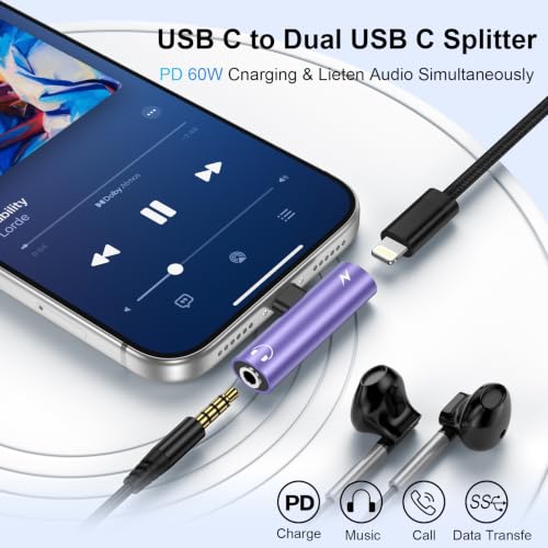 [Apple MFi Certified] 2in1 Lightning to 3.5mm Headphone Adapter and Charger | Lightning to Aux Jack Adapter & Fast Charger iPhone Dongle Audio Splitter for iPhone 14 13 12 11 Pro XR XS Max X 8 7 6 - color: Purple
