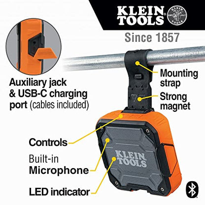 KLEIN TOOLS AEPJS2 Bluetooth Speaker with Magnetic Strip and Hook, Rechargeable, Wireless and Aux Capable, Hands Free Capable, 10 Hr Run Time, IP54 Dust and Water Resistant