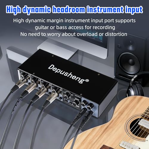 Depusheng USB Audio Interface with ASIO Drivers, 24Bit 192Khz, Phantom Power +48v, Low Latency for Home Studio Recording, PC/MAC Compatible (4 CHANNEL)