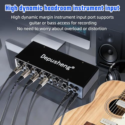 Depusheng USB Audio Interface with ASIO Drivers, 24Bit 192Khz, Phantom Power +48v, Low Latency for Home Studio Recording, PC/MAC Compatible (4 CHANNEL)