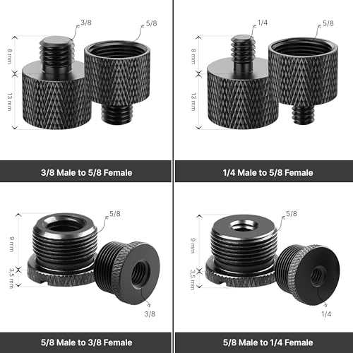 Mic Stand Adapter Set - 8 Piece Metal Mic Stand Adapter Kit - 3/8 to 5/8 & 1/4 to 5/8 Female to Male Thread Adapter - Boom Arm Adapter (2) - color: Black