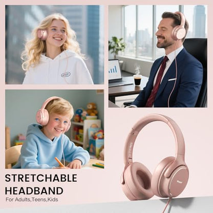 USB C Wired Over-Ear Headphones with Microphone | Volume Control, Share Port, Adjustable Headband Foldable Stereo Headset for Adult/Teens for iPhone 16, Laptop, Gaming, Travel - color: New Rose Gold