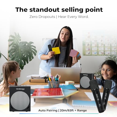 WinBridge 30W Voice Amplifier with 2 Wireless Mics, Portable PA Speaker S90 | DSP Crystal-Clear Sound, 65ft+ Stable Range, 13H Mic Battery,BT/USB/TF/AUX, Lightweight for Teaching, Public Speaking, Event
