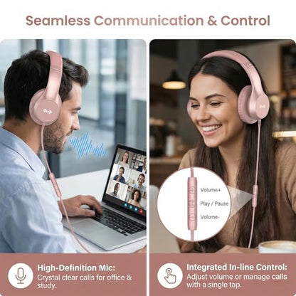 Wired Over-Ear Headphones, Mic, 3.5mm Jack, USB-C Adapter, Gold | Foldable over-ear headphones with soft cushions, inline mic, 3.5mm jack, and USB-C adapter for school, office, and travel. - color: Gold